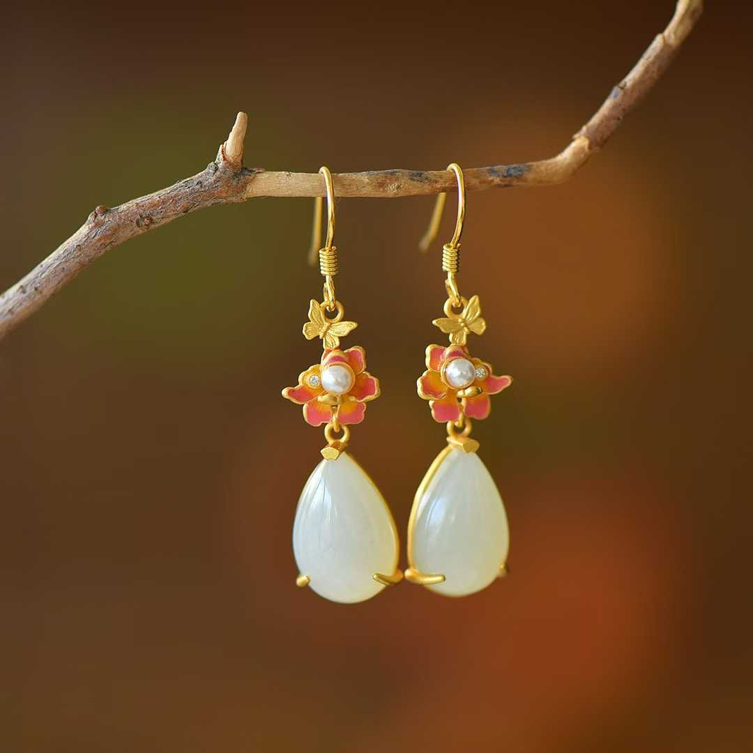 925 Silver Inlaid Nephrite "Butterfly & Flower" Teardrop Earrings
