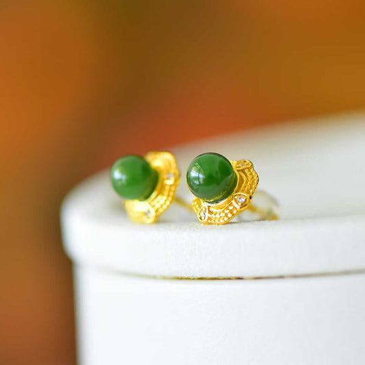 925 Silver Inlaid Hetian Green Nephrite "Stars Surrounding the Moon" Stud Earrings