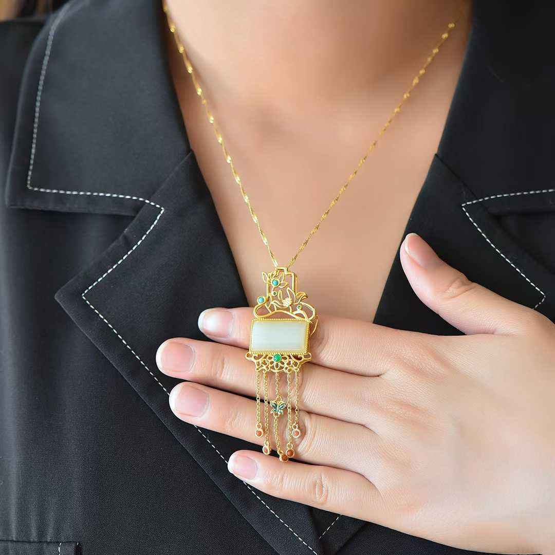 925 Silver-Inlaid Hetian Jade Pendant with "Lotus (Symbolizing Harmony & Bliss)" Design & Tassel