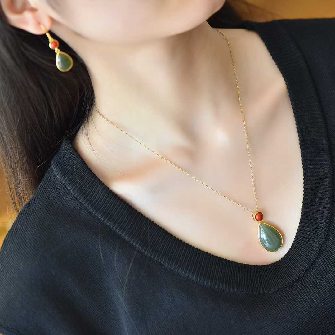 S925 Silver Inlaid Hetian Nephrite "Water Drop & Cinnabar" Minimalist Elegance Jewelry Set
