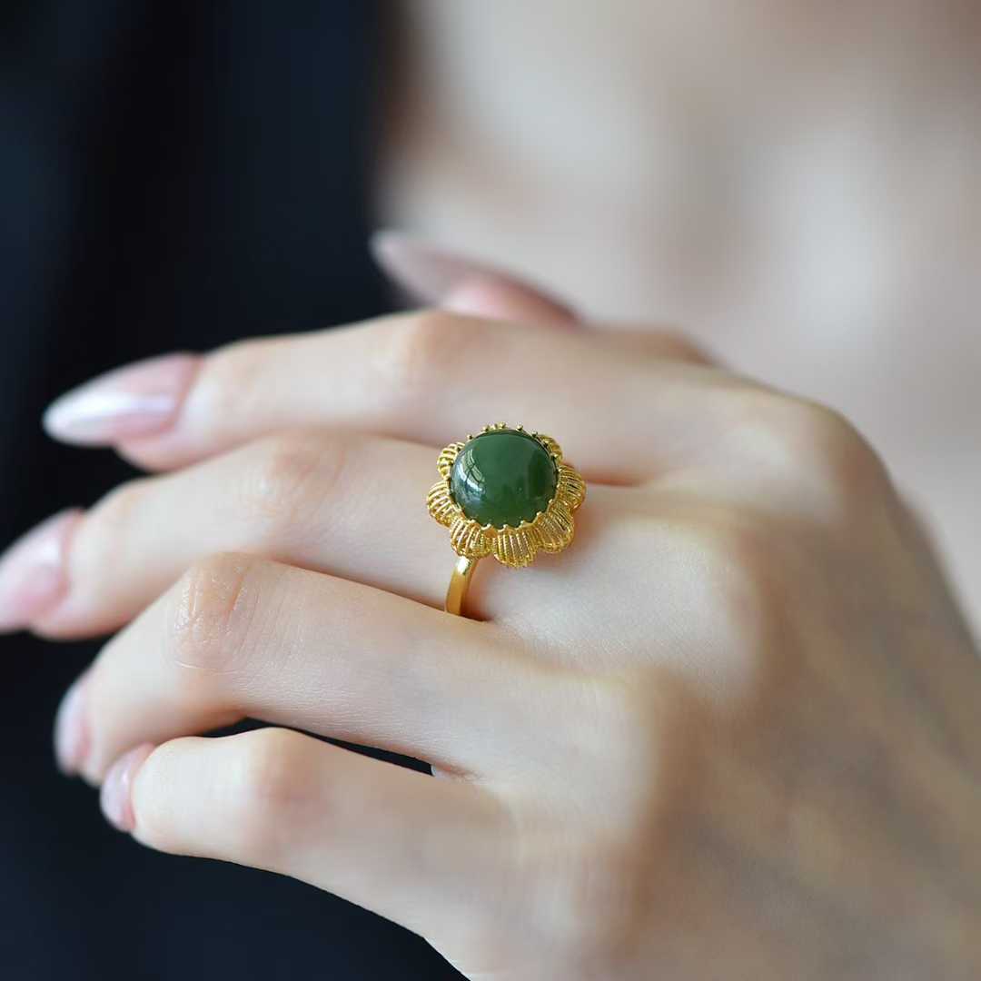 925 Silver Inlaid Hetian Nephrite Cabochon Hollow-Out Ring