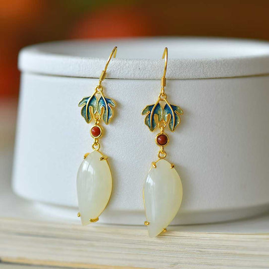 925 Silver Inlaid White Hetian Nephrite "Great Achievement" Willow Leaf Dangle Earrings