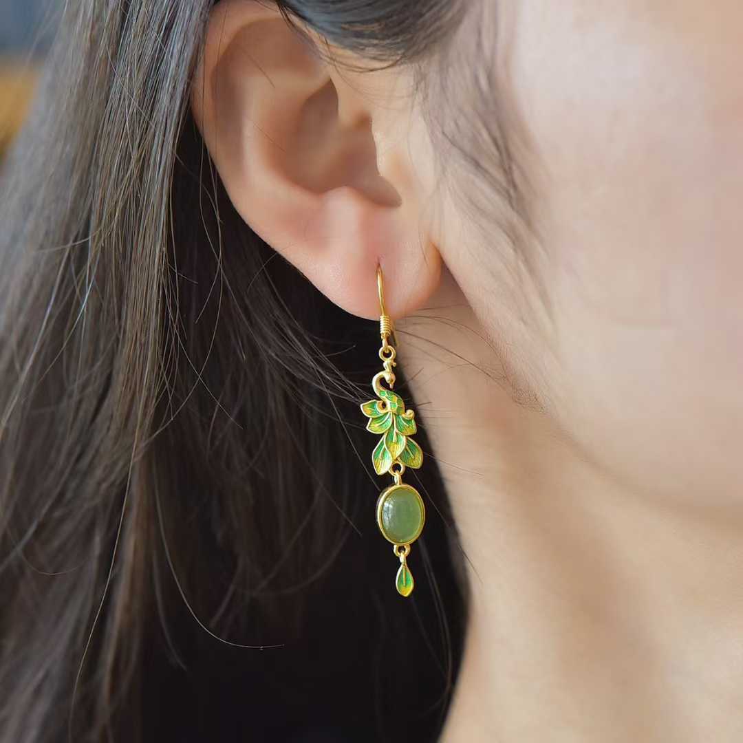 925 Silver Inlaid Hetian Jadeite (Jasper) "Peacock Feather" Earrings