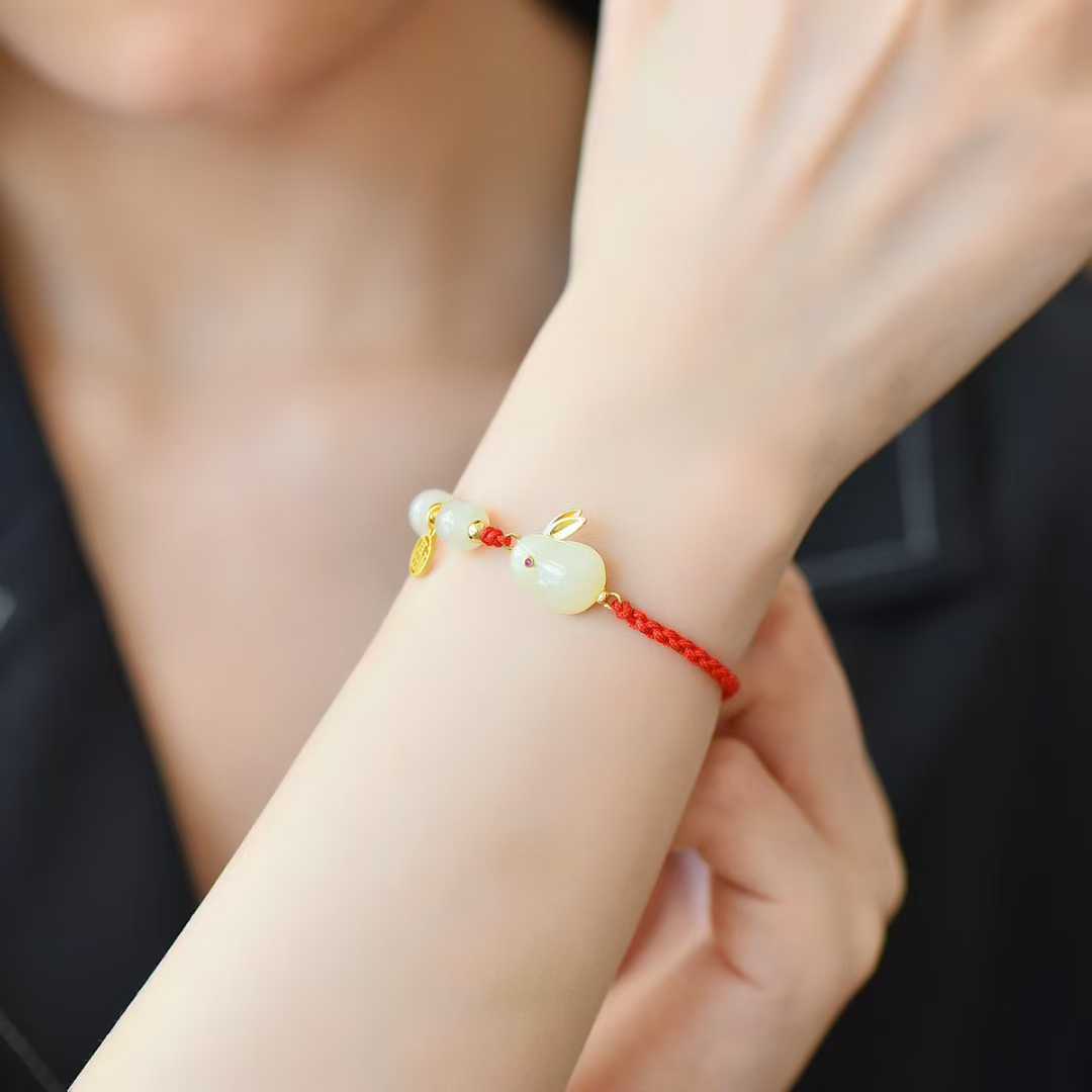 925 Silver Inlaid Hetian Nephrite "Rabbit & Red Cord - Multi-Gem & Multi-Blessings" Jewelry Set