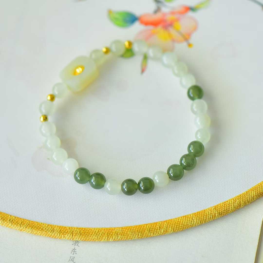 Hetian Nephrite (Sunny Water Material) 6mm Beads & Hollow Lucky Charm Multi-Gem Bracelet