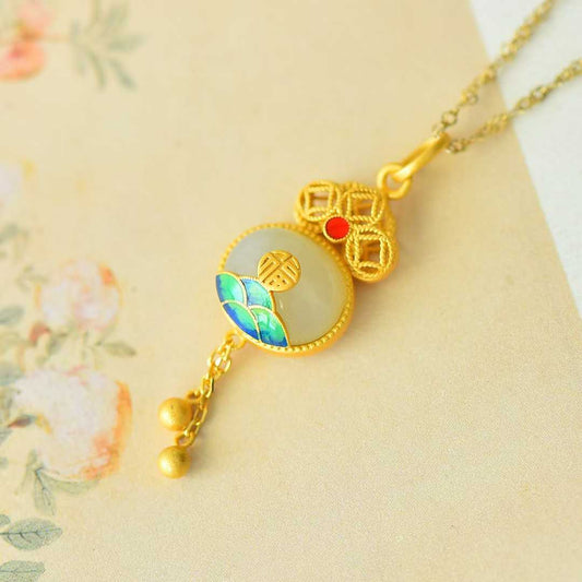 925 Silver Inlaid Nephrite Cabochon "Happiness and Longevity" Tassel Pendant