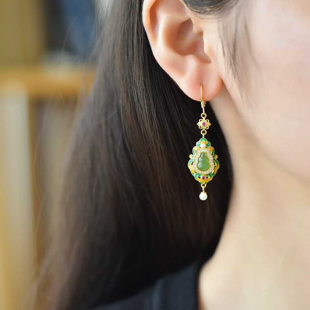 925 Silver Inlaid Hetian Jadeite (Jasper) "Gourd - Blessing & Emoluments" Earrings