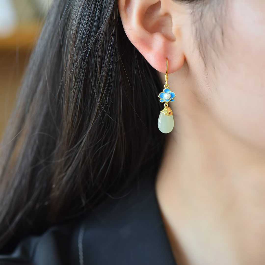 925 Silver Inlaid White Hetian Nephrite "Golden Breeze & Jade Dew" Orchid Stud Earrings