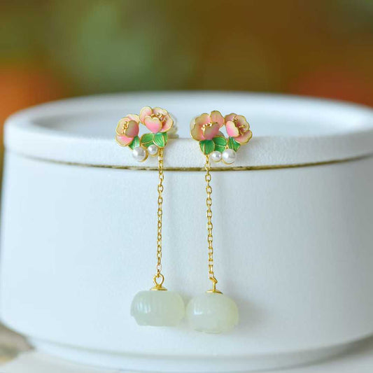 925 Silver Inlaid Hetian Nephrite "Lotus Bead & Lotus Earring" Set