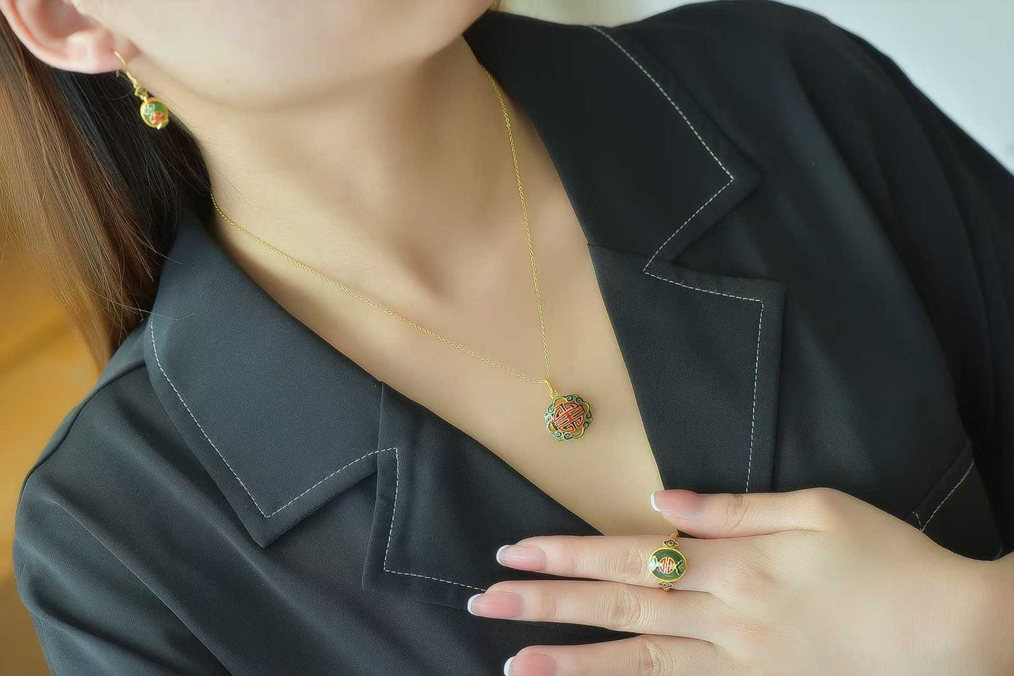 925 Silver Inlaid Hetian Green Nephrite "Contentment & Fulfillment" Jewelry Set