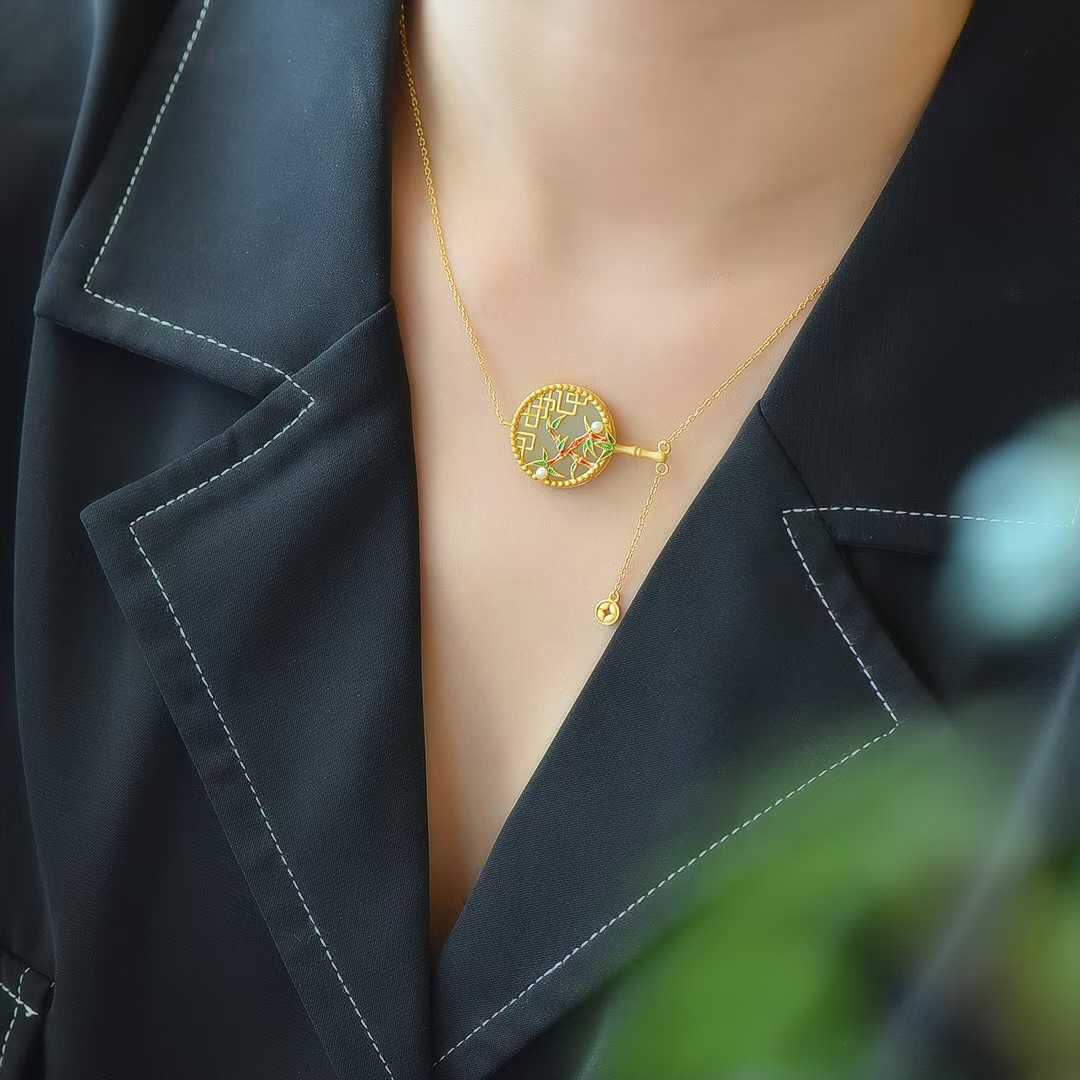 Vintage-Style Silver Inlaid Hetian Nephrite "Ancient-Style Round Fan with Bamboo Bringing Peace" Pendant