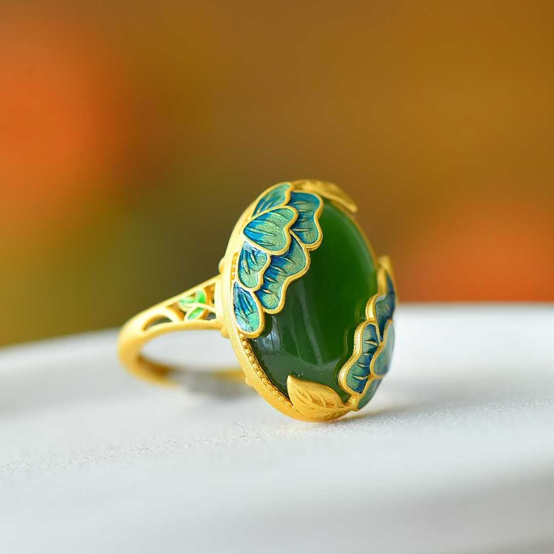 925 Silver Inlaid Hetian Spinach Green Nephrite "Adding Flowers to Brocade" Ring