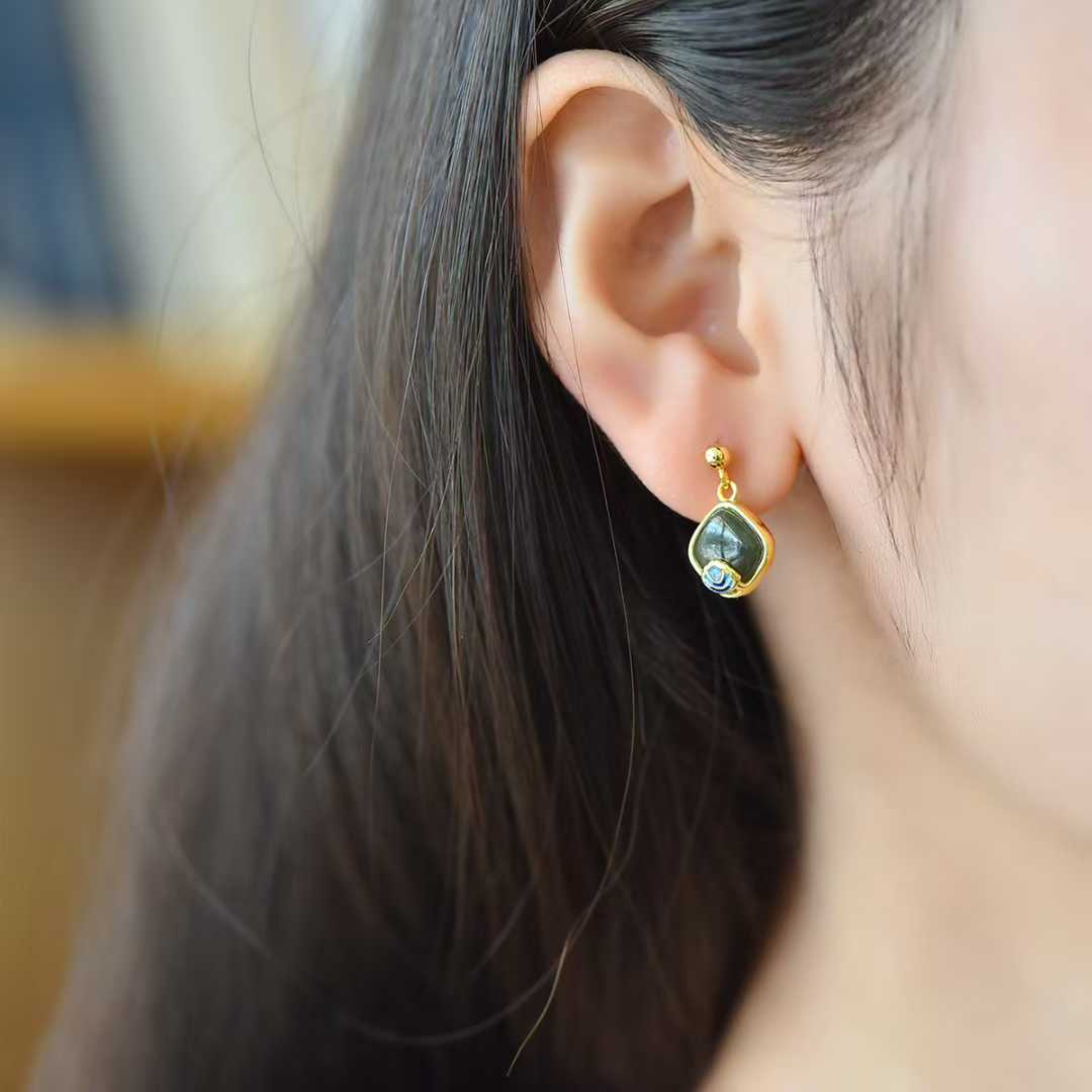 925 Silver Inlaid Hetian Nephrite "Small Square Sugar" Earrings