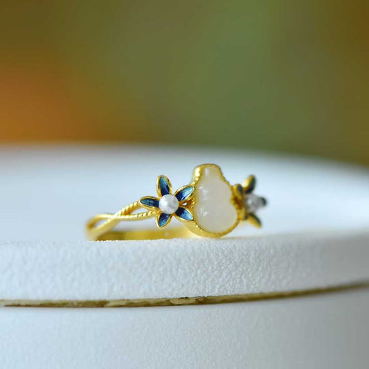 925 Silver Inlaid Hetian Nephrite "Gourd & Orchid" Ring