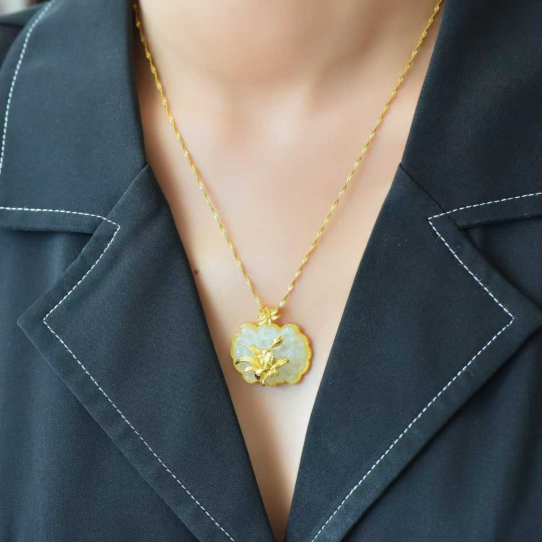 925 Silver Inlaid Nephrite Orchid Pendant