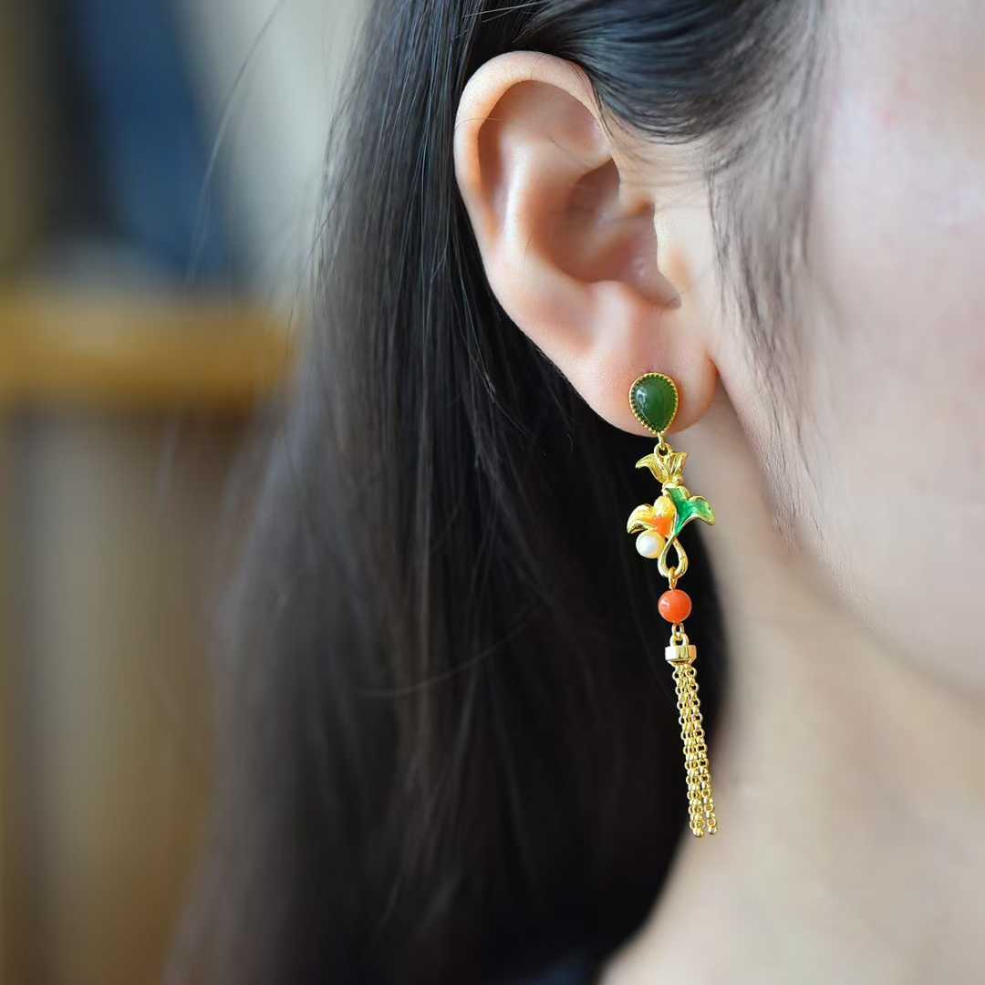 925 Silver Inlaid Hetian Nephrite "Apricot Leaf & Tassel" Earrings