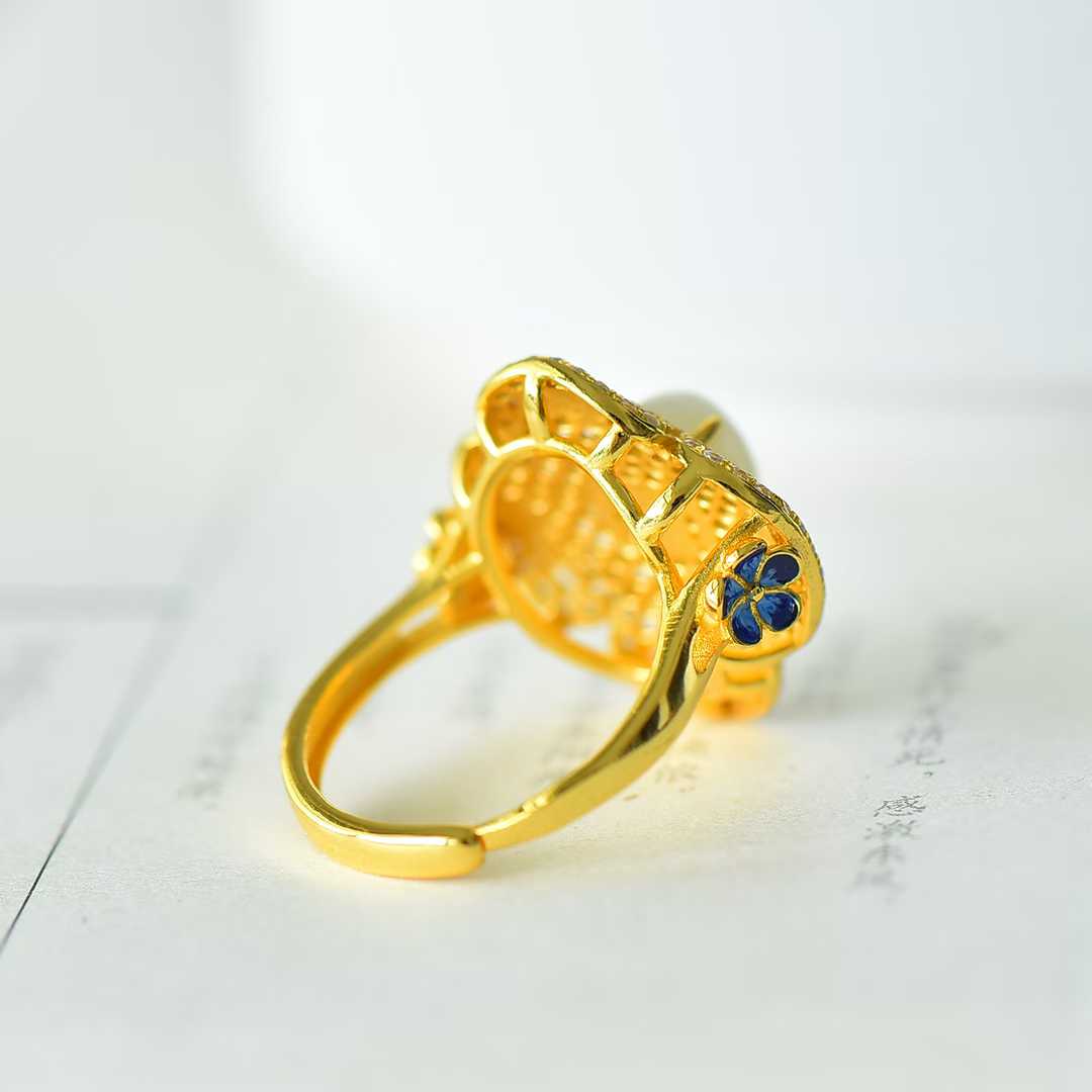 925 Silver-Inlaid Hetian Jade Ring with Filigree, "Ruyi" & Heavy Inlay Design