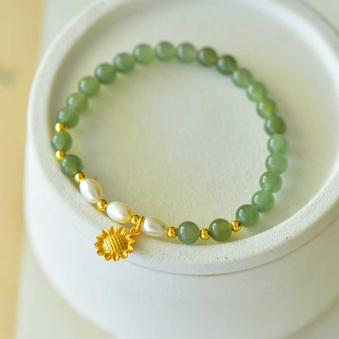 Hetian Nephrite (Sunny Water Material) Fortune-Turning Bead & Sunflower Bracelet