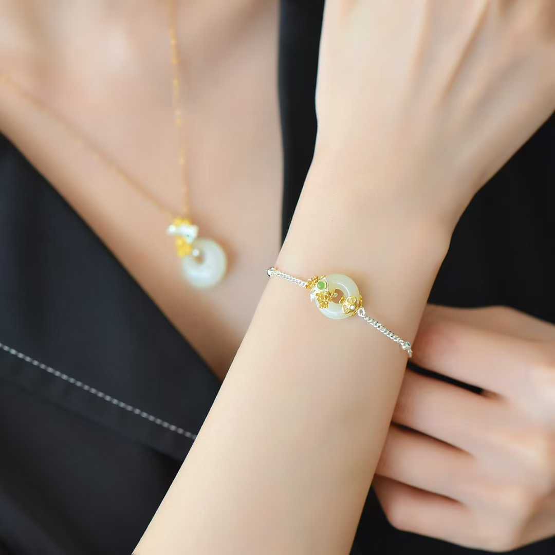 925 Silver Inlaid Hetian Nephrite "August Osmanthus (Twelve Flower Gods)" Jewelry Set