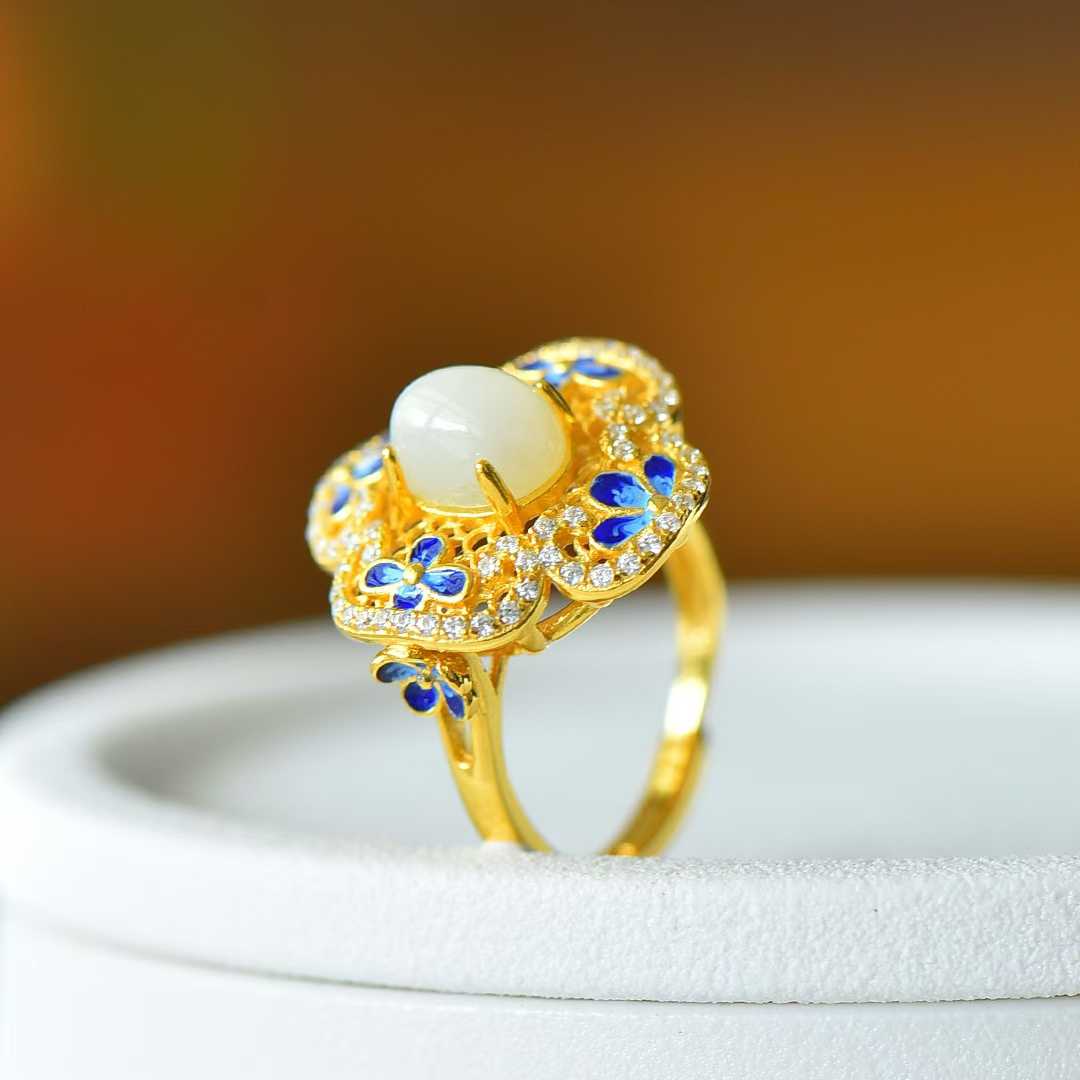 925 Silver-Inlaid Hetian Jade Ring with Filigree, "Ruyi" & Heavy Inlay Design
