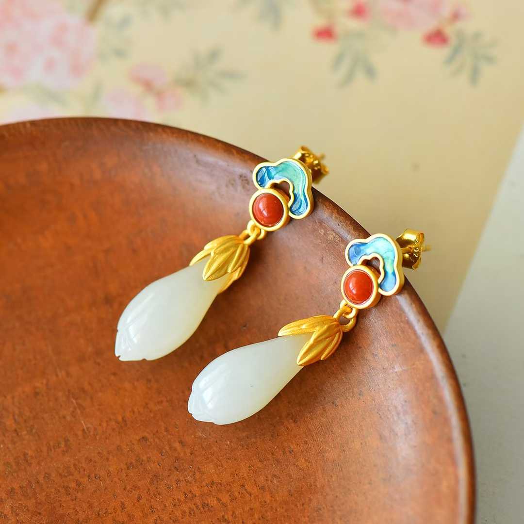 925 Silver-Inlaid Hetian Jade Tassel Set with Auspicious Clouds & Magnolias