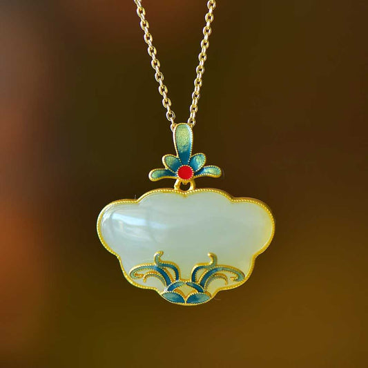 S925 Silver Inlaid Hetian Nephrite "Orchid & Grass Ruyi Lock" Jewelry Set