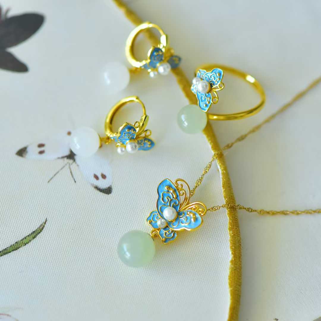 S925 Silver Inlaid Hetian Nephrite "Fluttering Butterflies" Jewelry Set
