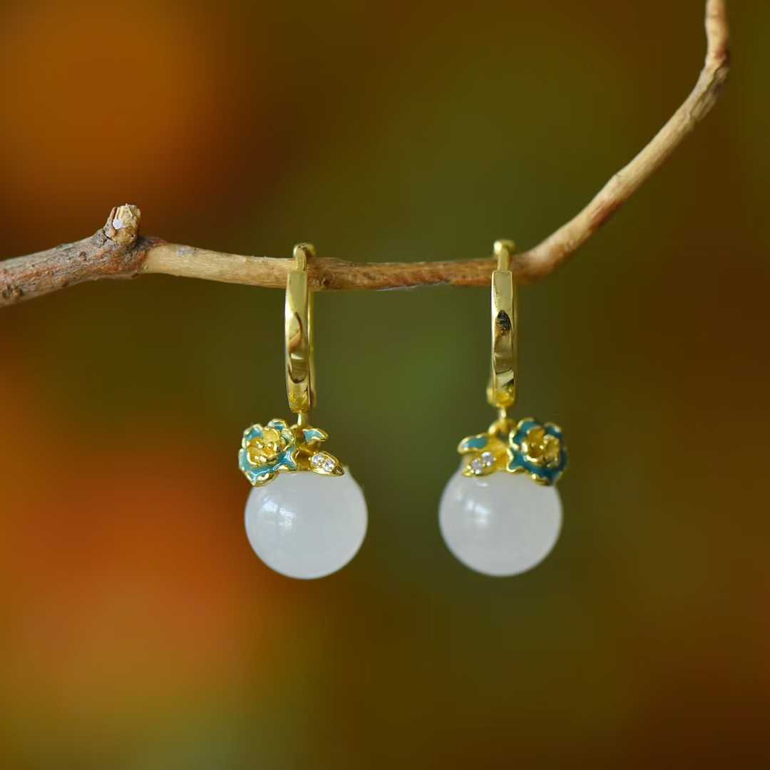 S925 Silver Inlaid Hetian White Nephrite Bead "Flowers Bloom & Fortune Arrives" Minimalist Elegance Jewelry Set