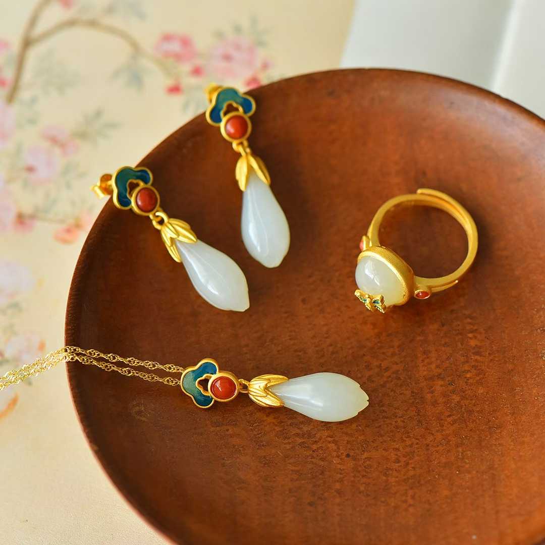 925 Silver-Inlaid Hetian Jade Tassel Set with Auspicious Clouds & Magnolias