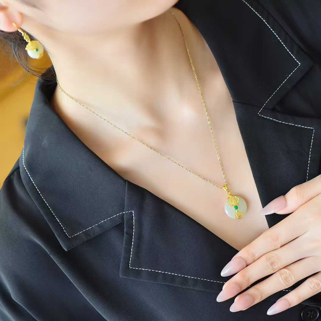 925 Silver Inlaid Hetian Nephrite "Peace & Smoothness" Jewelry Set