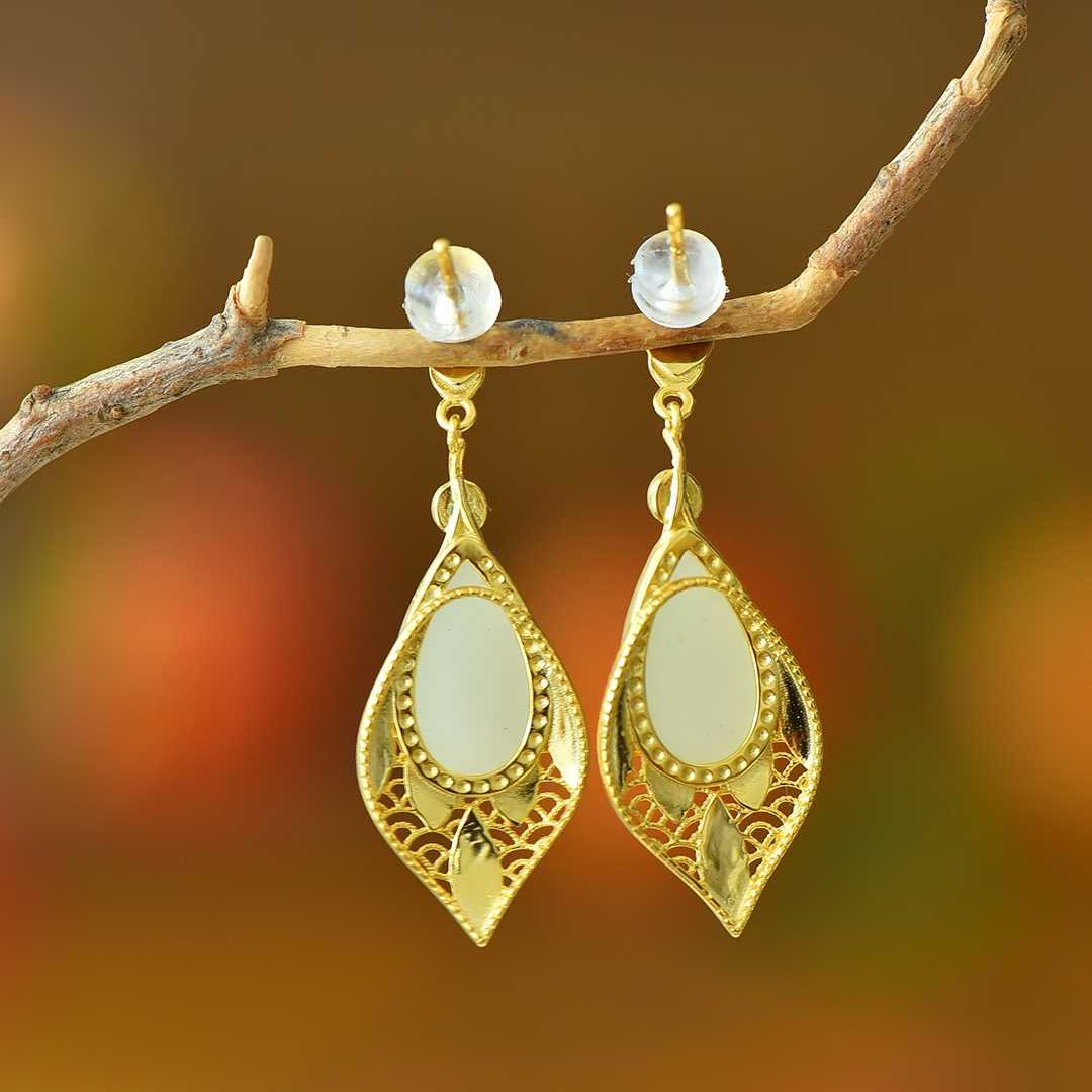 925 Silver Inlaid Nephrite "Graceful Lady by Autumn Waters" Teardrop Stud Earrings