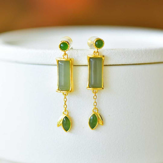 925 Silver Inlaid Hetian Nephrite (Clear Water Variety) "Steady Progress" Stud Earrings