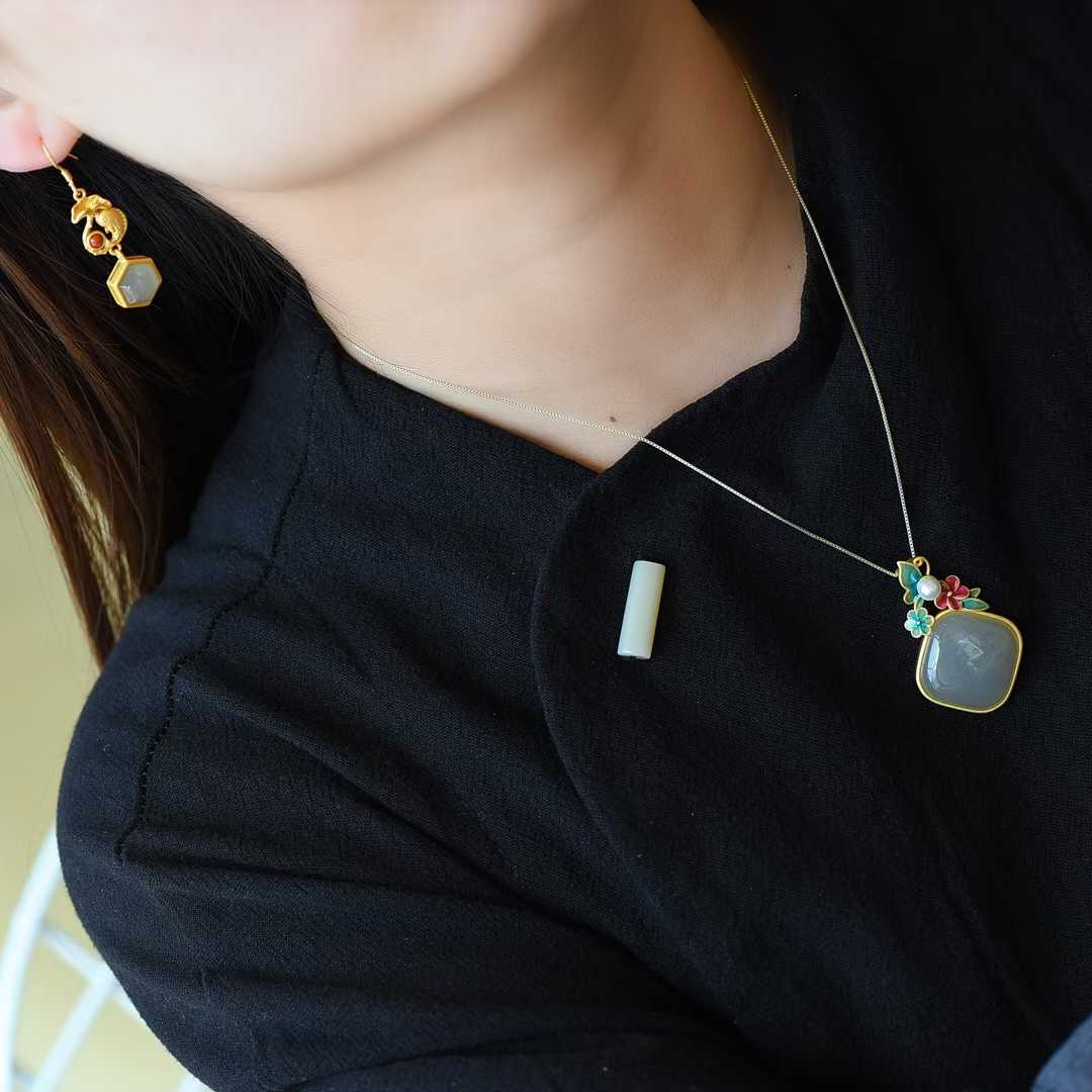 Luxury minimalist Hetian smoky gray jade and sterling silver jewelry set