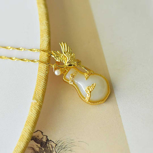 925 Silver-Inlaid Hetian Jade Pendant with "Peace, Auspicious Clouds & Crane" Design