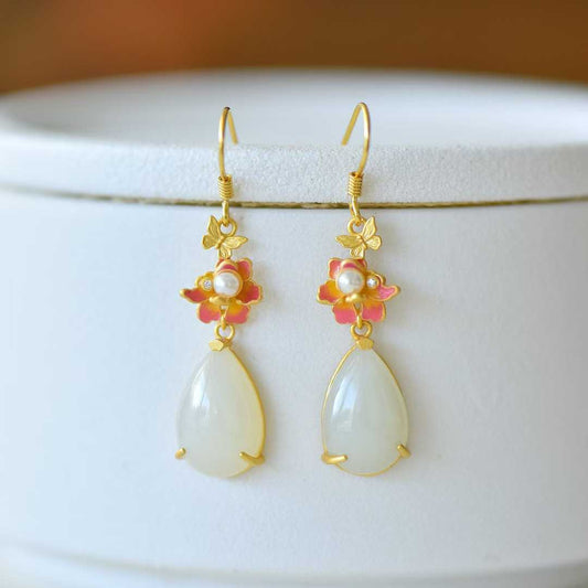 925 Silver Inlaid Nephrite "Butterfly & Flower" Teardrop Earrings