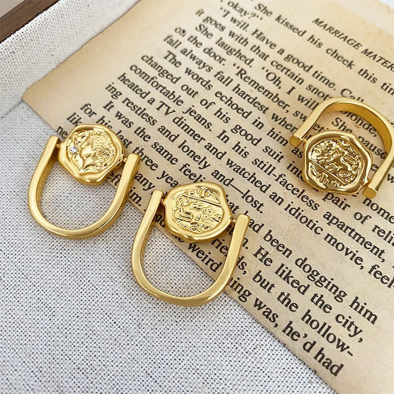 Anillo con personalidad de moneda con retrato irregular retro