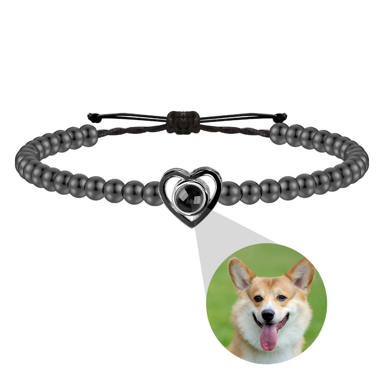 Pulsera de cuentas con foto y proyección de corazón de amor tejida