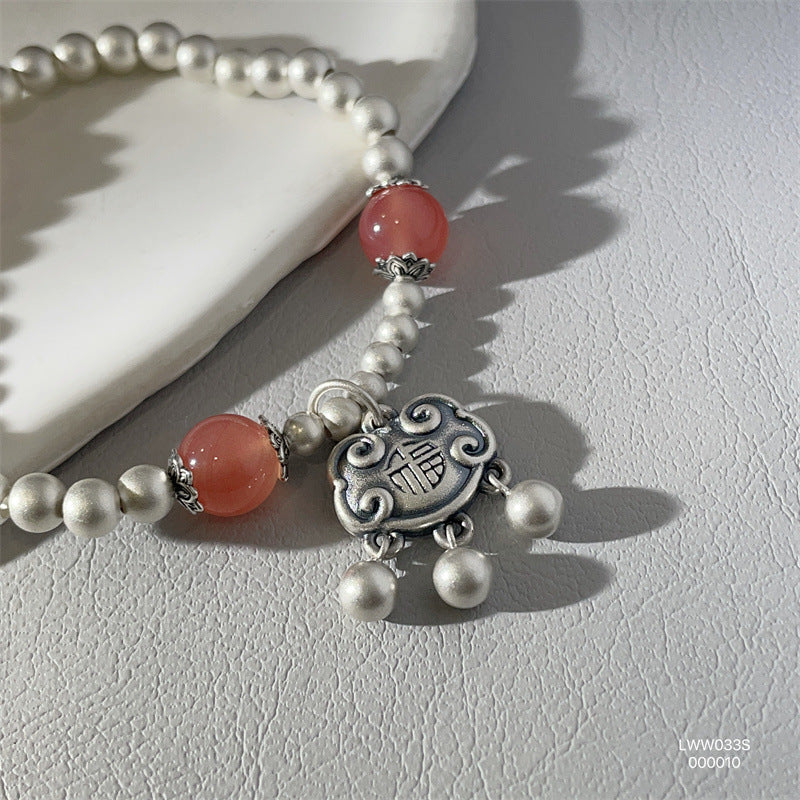 Chinese Good Luck Charm Agate Silver Bead Bracelet