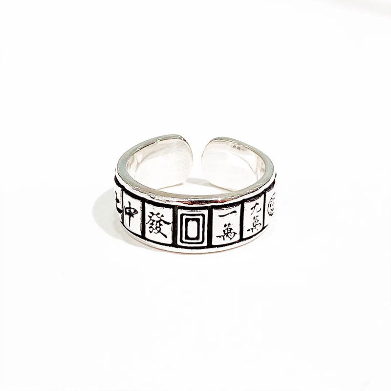 Anillo abierto de plata de ley con diseño de mahjong
