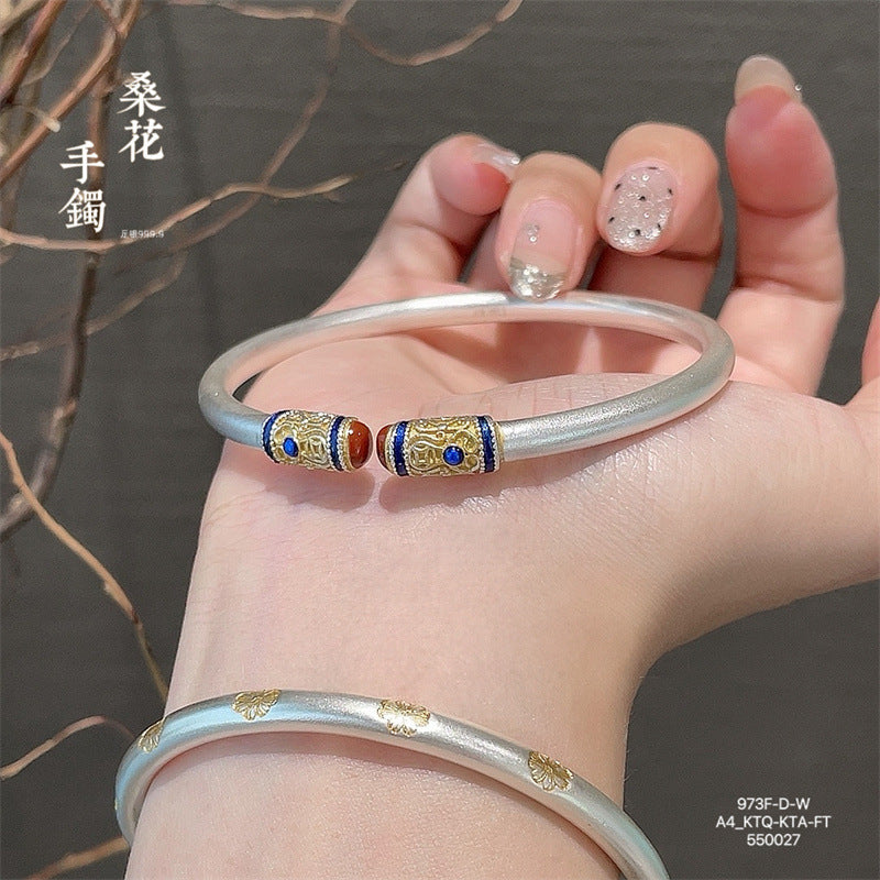 Chinese enamel pattern round stick sterling silver bracelet