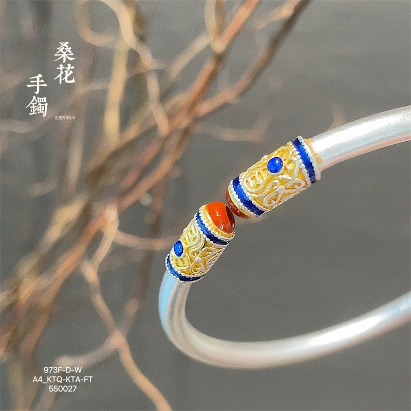 Chinese enamel pattern round stick sterling silver bracelet