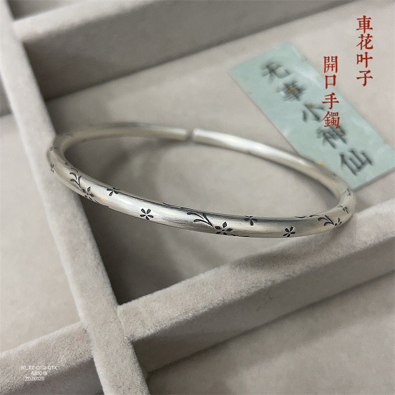 Nueva pulsera de plata de ley con forma de palo redondo con hojas y flores de coche antiguo de estilo chino
