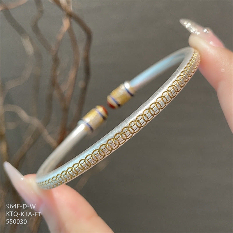 Chinese enamel pattern round stick sterling silver bracelet