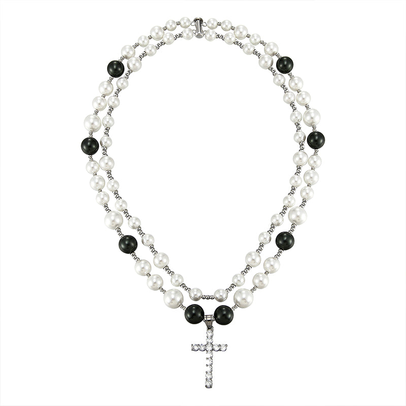 Cadena de hip hop con colgante de cruz de perla;