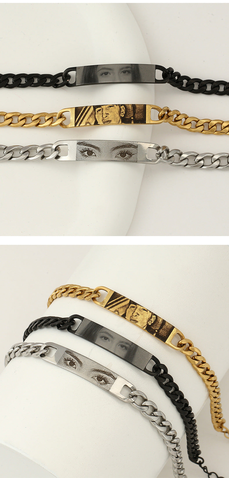 Pulsera personalizada con texto e imagen grabados y ojos.