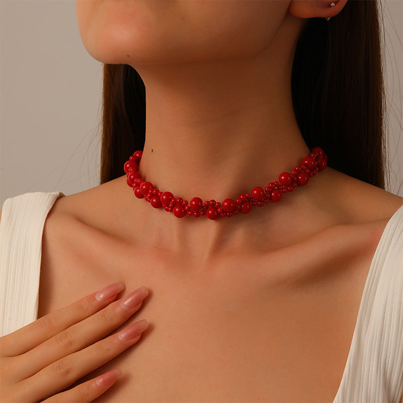 Collar de cuentas rojas trenzadas de doble capa estilo chino retro