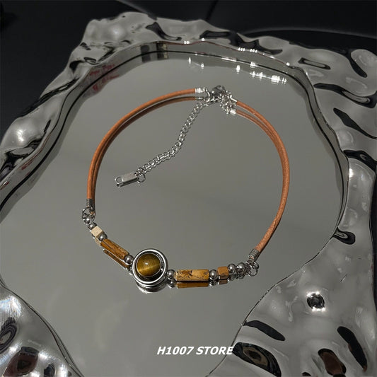 New Chinese style tiger eye stone braided rope necklace