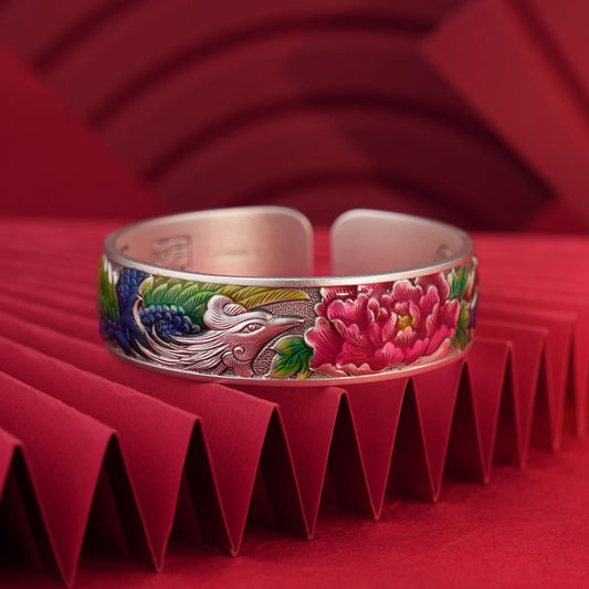 Chinese style enamel peony sterling silver bracelet
