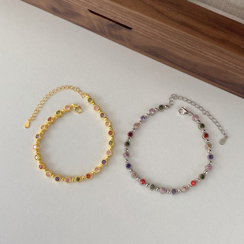 Pulsera de tenis con cadena de cuentas redondas de circonitas de colores de alta calidad