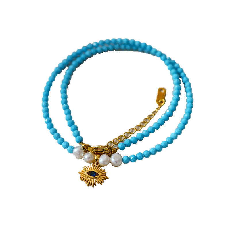 Ladies Vintage Evil Eye Natural Stone Pearl Necklace